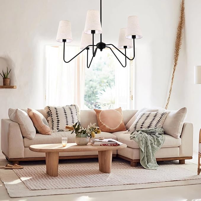 5-Light Modern Chandeliers, Pendant Lights Fixture with Linen Beige Fabric Shade for Living Room Dining Room Bedroom Hallway Entryway, Height Adjustable,E12