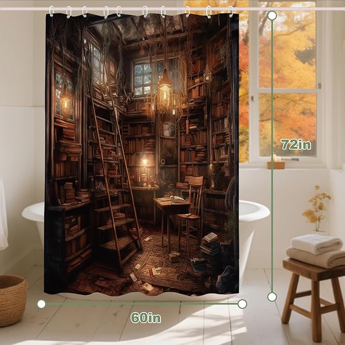 Vintage Medieval Library Shower Curtain Antique Room for Study Theme Bathroom Bathtubs Fabric Shower Curtain Set with 12 Hooks 60x72 inches Polyester Machine Washable, Yellow and Black