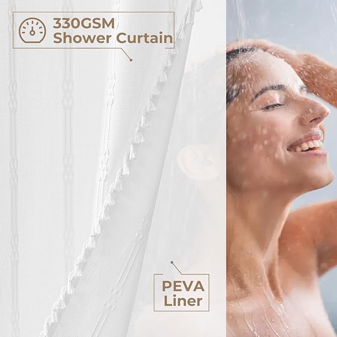 downluxe Linen Texture 3 in 1 Farmhouse Shower Curtain Set with Tassel, Boho Fabric Shower Curtains for Bathroom, White, 72W x 72L