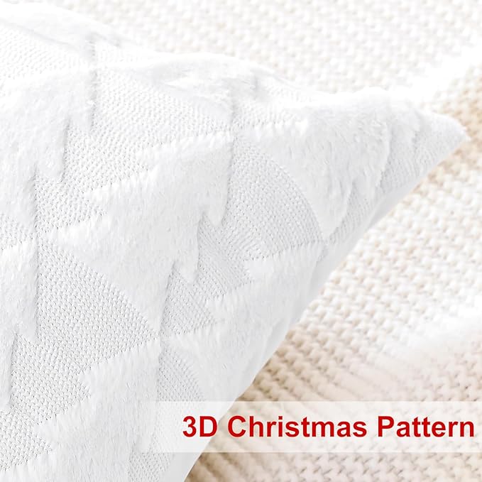 OTOSTAR Set of 2 Xmas Soft Plush Short Wool Velvet Decorative Throw Pillow Covers Rectangular Luxury Style Cushion Case Pillow Shell for Sofa Bedroom Christmas Tree White, 16x24 Inch