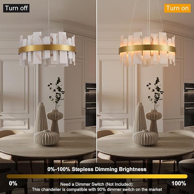 Alabaster Round Chandelier, D24 Inch Natural Spanish Marble Stone Texture Chandeliers, Dimmable Dining Room Chandelier over Table, Modern Luxury Lighting for Living Room, Bedroom, Entryway, Foyer