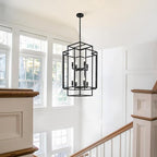 Black Farmhouse Modern Chandelier, 8-Light Tiered High Ceiling Chandeliers, Foyer Lighting Fixtures, Industrial Hanging Metal Lantern Pendant Light, for Livin Room,Entryway,Staircase,Hallway