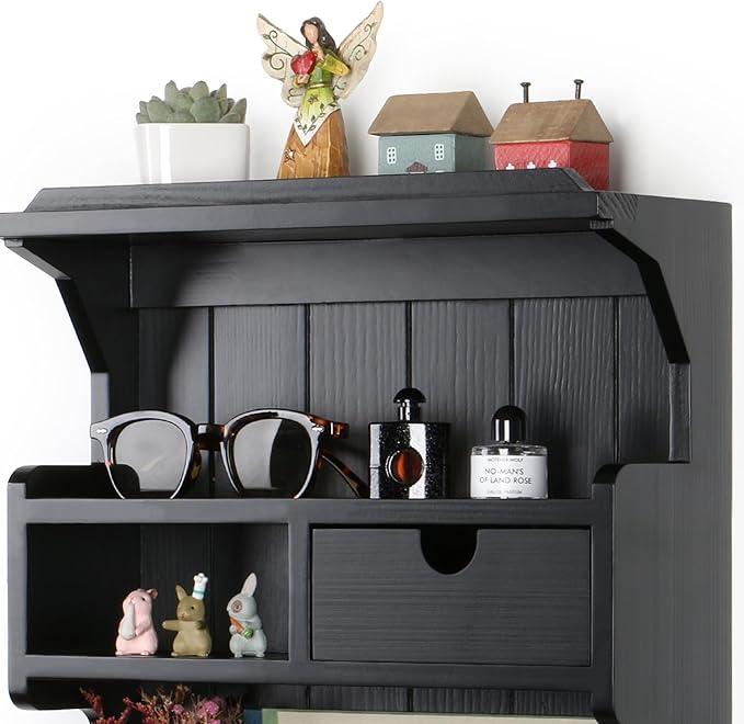 Wall Mail Organizer with Storage Drawer and 6 Hooks, Easy Install Key Rack for Entryway and Home Decor, Luxury Black