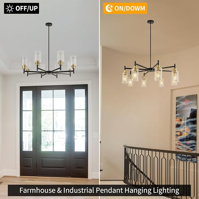 Black Chandeliers for Dining Room, Farmhouse Chandeliers 8 Light Dining Room Light Fixture with Clear Glass Shades Gold Pendant Lighting for Kitchen Island Living Room Entryway Staircase