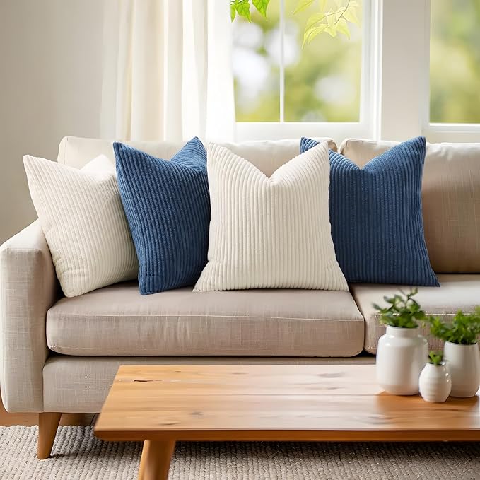 Mecatny Corduroy Decorative Throw Pillow Covers 22x22 Set of 2 for Sofa Living Room, Soft Neutral Boho Couch Pillow Covers for Home Decor, Navy Blue