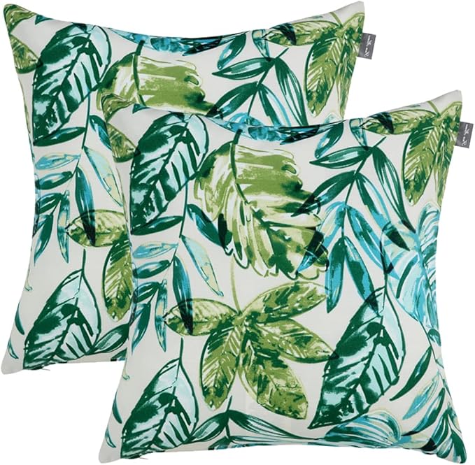 Water Resistant Outdoor Throw Pillows for Patio Furniture,18x18 Inch Decorative Pillows Set of 2 with Insert,Hidden Zipper Headrests for Sofa Couch Chair(Palm Leaf)