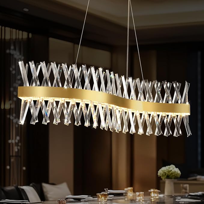 Modern Crystal Chandeliers, Luxurious S-Shape Chandeliers for Dining Room Over Table, L40 Gold Rectangular Dining Room Chandelier, Linear Kitchen Island Lighting, Dimmable Ceiling Light Fixture