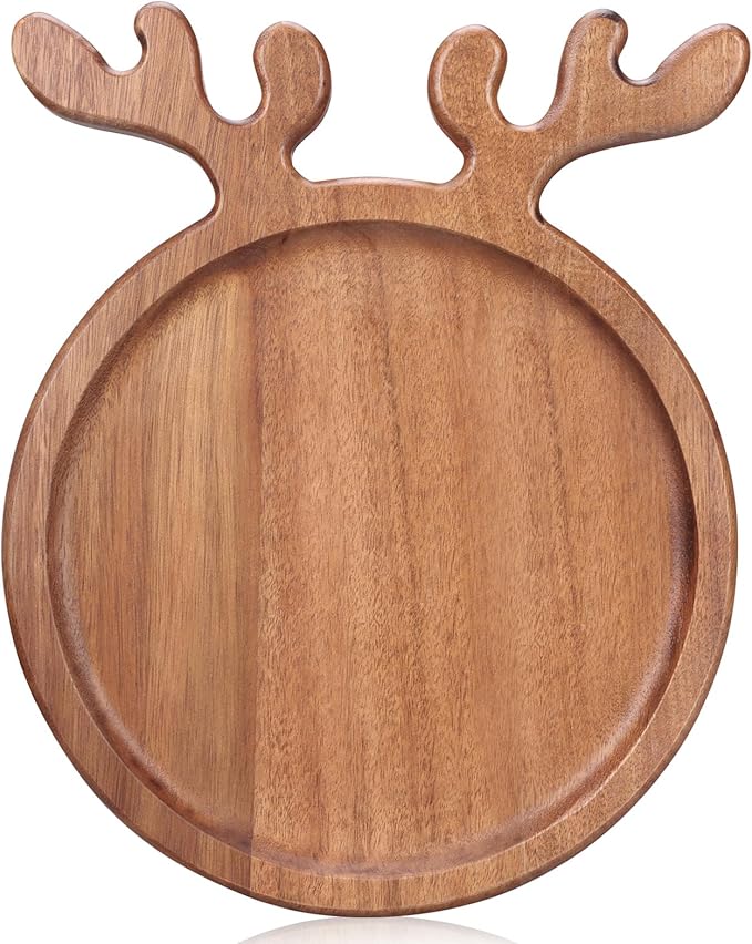 Renawe Decor Christmas Dinner Plate 12"x10" Wooden Cheese Charcuterie Board Xmas Cookies Platter Wood Salad Charger Plates for Christmas Holiday Festive Serving Dish Decorative Round Dessert Trays