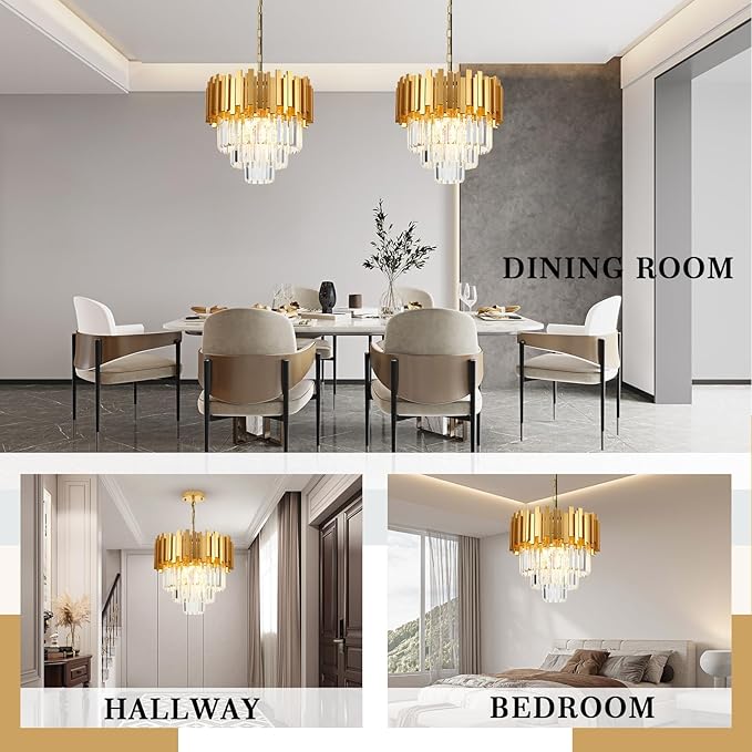 3-Tier 15.8" Crystal Gold Chandelier Modern Crystal Pendant Chandeliers 5 Lights Round Hanging Lighting for Dinning Room Kitchen Island Bedroom Living Room Foyer Entryway, E12