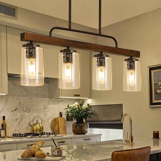 Farmhouse Dining Room Light Fixture, 4-Light Wood Kitchen Island Lighting, Industrial Chandeliers for Dining Room Over Table Black Pendant Light with Seeded Glass Shade for Bar Restaurant
