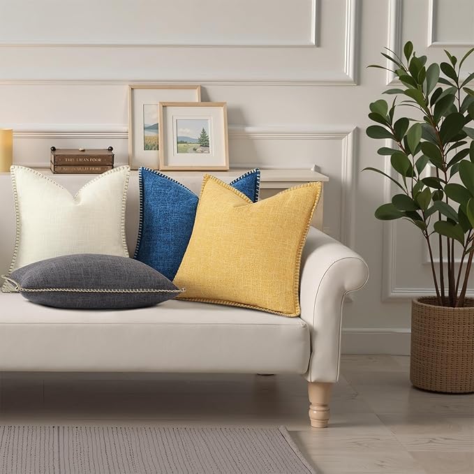 decorUhome Decorative Outdoor Throw Pillow Covers 18x18 Set of 2, Square Linen Farmhouse Euro Pillow Covers with Stitched Edge, Rustic Neutral Pillow Covers for Couch, Sofa, Living Room, Dark Grey
