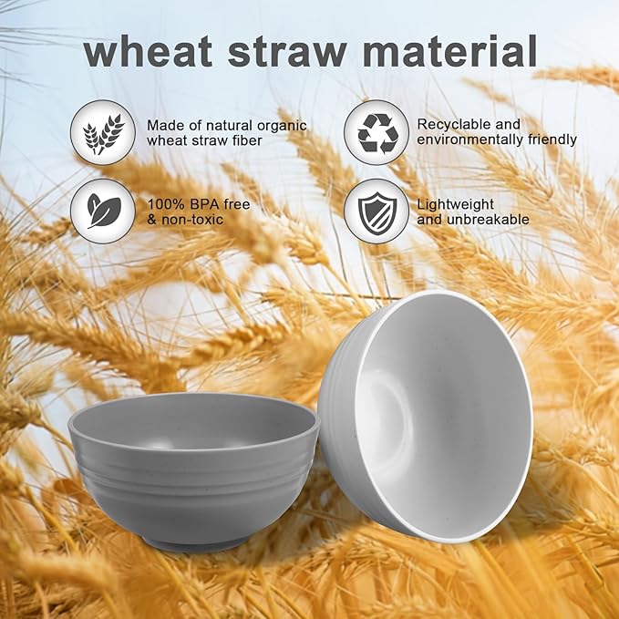 12 Pcs Unbreakable Cereal Bowls Set, 26 Oz Wheat Straw Bowls Set, Microwave & Dishwasher Safe Bowls for Kitchen, Reusable Plastic Bowls for Soup, Salad and Snack, BPA Free, Dark Gray