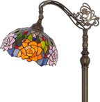 Tiffany Floor Lamp Stained Glass Orange Red Rose Flower Style Arched Reading Light Gooseneck Adjustable Corner Standing Lamp 12X16X66 Inch for Bedroom Living Room Home Office