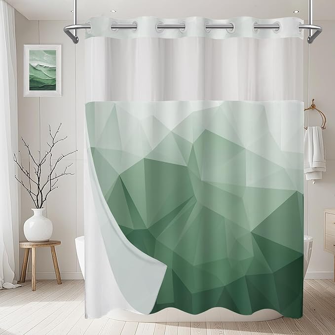 No Hook Shower Curtain with Snap in Liner and Sheer Window, Green Modern Geometric Fabric Shower Curtain Set for Bathroom Decor, 15-Second Quick Install, Abstract Irregular Ombre, 71"X86"