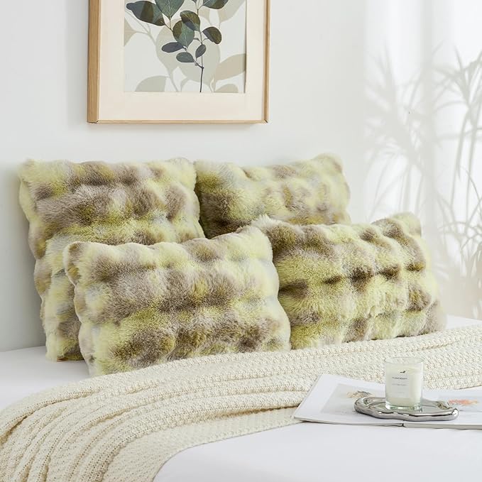 FUTEI Green White Decorative Throw Pillow Covers 16x16 Inch Set of 2,Soft Fuzzy Faux Rabbit Fur Cushion Covers with Raised Texture,Neutral Boho Home Decor for Couch Bed Living Room