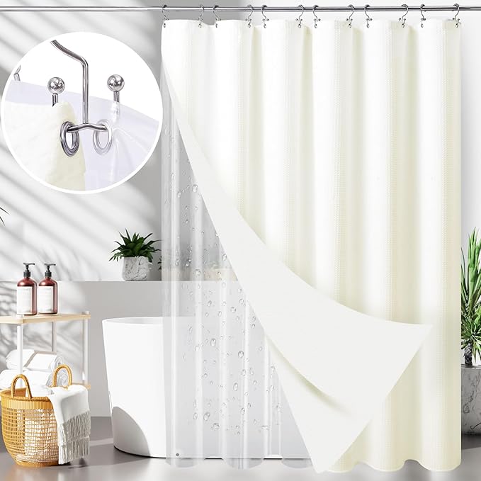 LaCyan 3 in 1 Waterproof Waffle Weave Shower Curtain and Clear Liner Set with 12 Stainless Steel Hooks Double Sided for Bathroom 72 Inches Heavy Duty Polyester Fabric Shower Curtains 72x72