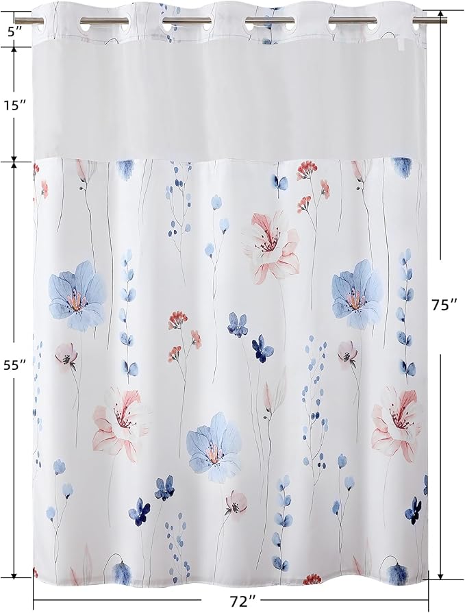 QiyI Flower Shower Curtain with Snap in Fabric Liner, Blue Watercolor Floral Cloth Bath Curtains, No Hook Shower Curtains with Mesh Top Window, Fabric Waterproof Bathroom Curtain Set, 72 x 75 Inch