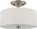 Kira Home Addison 13" 2-Light Semi-Flush Mount Ceiling Light Fixture with Off-White Fabric Drum Shade, Brushed Nickel Finish