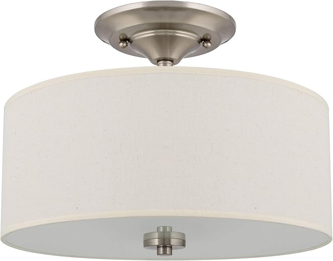 Kira Home Addison 13" 2-Light Semi-Flush Mount Ceiling Light Fixture with Off-White Fabric Drum Shade, Brushed Nickel Finish