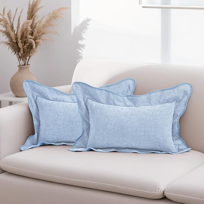 HAUSSY Scalloped Pillow Covers 12x20 Set of 2,Decorative Lumbar Throw Pillows Cute Aesthetic Preppy Cushion Covers for Couch Bed Living Room,Light Blue