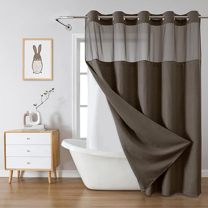 Brown Long No Hook Waffle Weave Shower Curtain with snap-in Liner Replacement, 230GSM Waterproof Fabric Hotel Shower Curtain Set for Bathroom, Through Mesh Top Window,71Wx80H