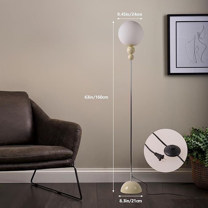 Modern Glass Floor Lamp for Bedroom, 63'' Vintage Mid-Century Floor Lamp with Milky White Frosted Glass Globe Shade for Living Room Corner, Slim Standing Reading Lamp for Office Decor (White)