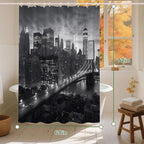 NYC Manhattan Brooklyn Bridge Shower Curtain New York Skyline Building Night View Shower Curtain Set with 12 Hooks 60x72 inch Polyester Machine Washable, Grey and White