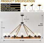 60-inch Rustic Wooden Chandelier with Bubble Glass Shade, 18-Light Modern Farmhouse Wagon Wheel Light for Dining Room Kitchen Island Entryway