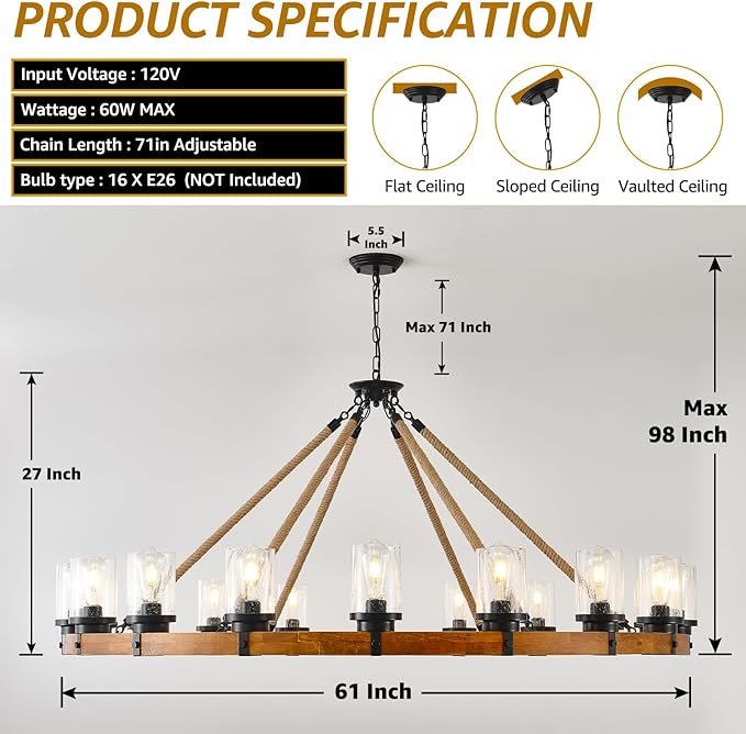 60-inch Rustic Wooden Chandelier with Bubble Glass Shade, 18-Light Modern Farmhouse Wagon Wheel Light for Dining Room Kitchen Island Entryway