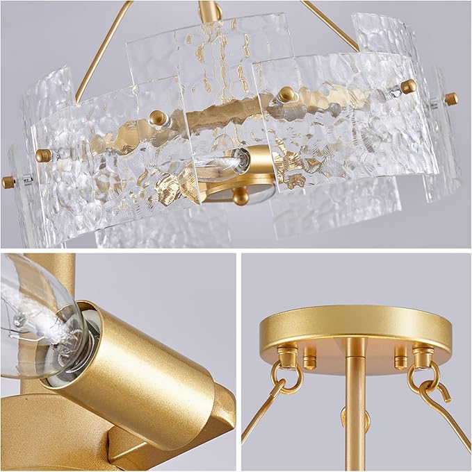 XINGQI Modern Gold Ceiling 4-Light Farmhouse Water Ripple Glass Ceiling Lighting Fixture 15.7" Drum Ceiling Lights for Bedroom Dining Room Living Room Hallway Entryway Closet