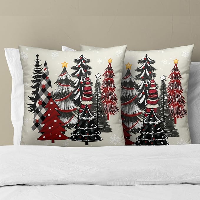 Christmas Trees Throw Pillow Covers 20x20 Set of 2,Red Black Buffalo Plaid Xmas Tree Decorative Pillow Cases Cushion Cover for Farmhouse Bed Couch Living Room Outdoor Car