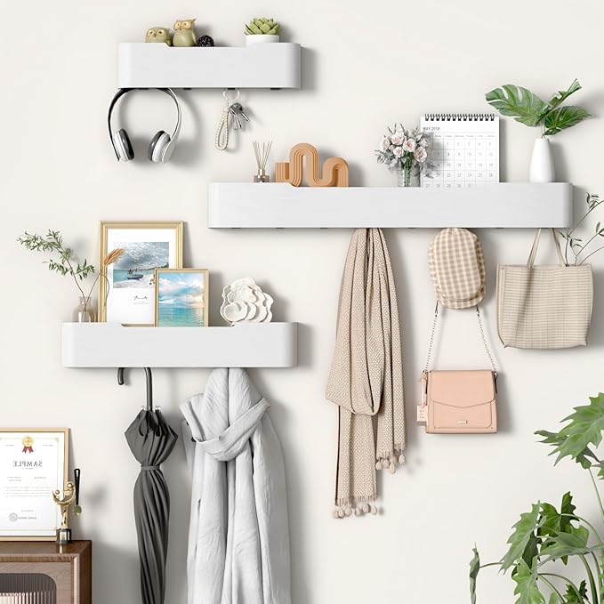 Coat Rack Wall Mount Entryway Organizer Modern Key Holder Wall Mount with Wooden Shelf Entryway Hooks for Bedroom Kitchen Hallway Bathroom for Hanging Coats Hats Bags Towels