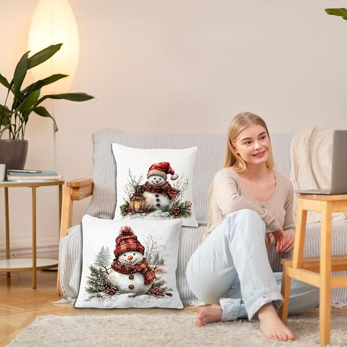 JINYO Vintage Red Plaid Christmas Snowman Pillow Covers 18x18 Set of 2, Snowman Christmas Decor, Rustic Winter Red Berries Pine Cone Botanical Throw Pillow Covers for Couch Living Room Bedroom