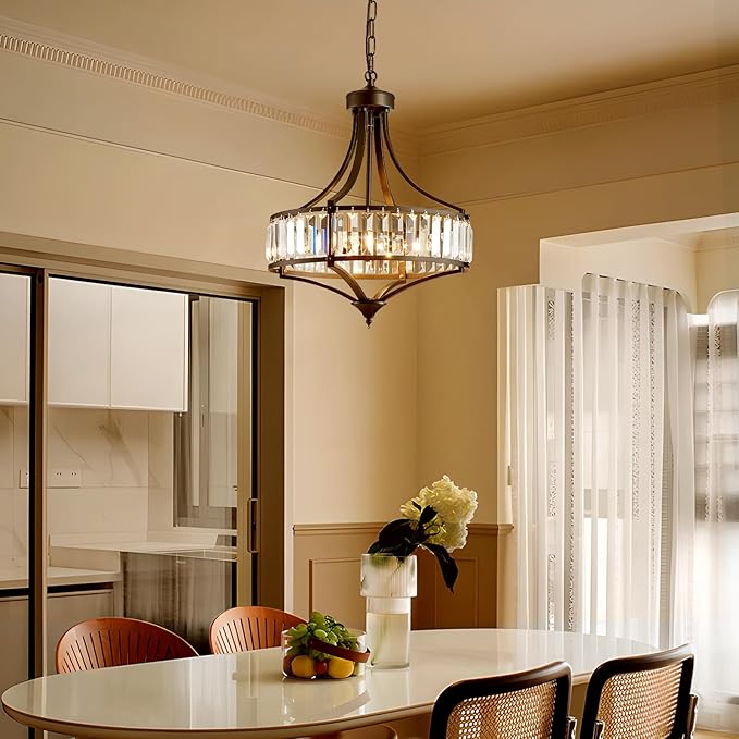 XINGQI Crystal Chandeliers for Dining Room,Modern Black Chandelier,Metal Round Shade Farmhouse 4-Light Rustic Pendant Lighting Fixtures for Hallway Bedroom Foyer