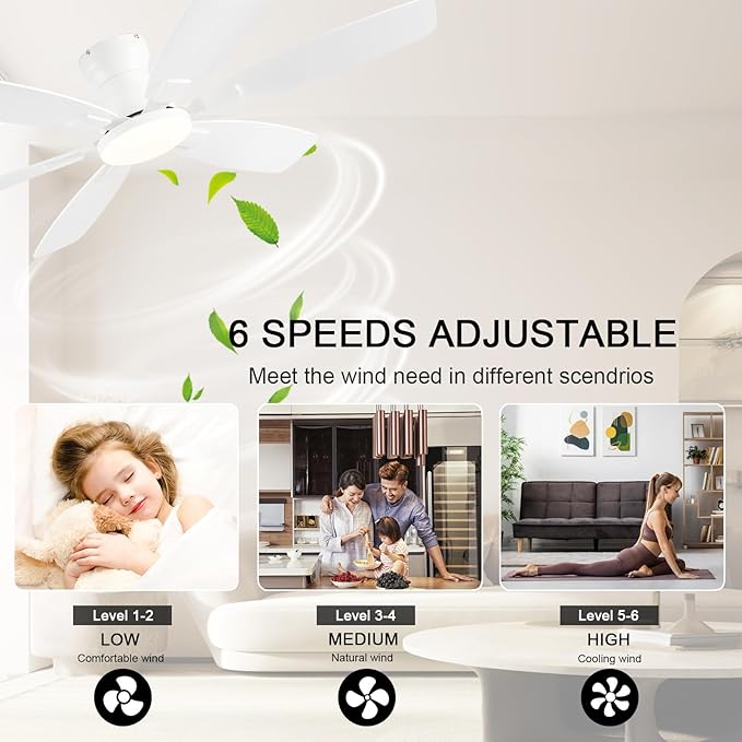 Ceiling Fans with Lights, 52 Inch Low Profile Ceiling Fan with Light and Remote Control, Flush Mount, Reversible, 3CCT, Dimmable, Quiet, White Ceiling Fan for Bedroom Indoor/Outdoor Use