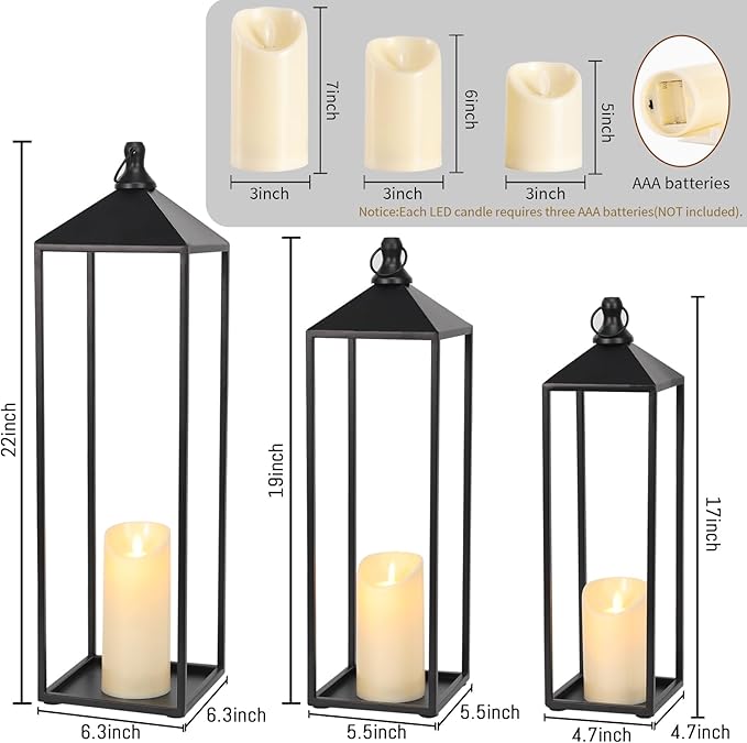 22'' 19'' 17'' Lanterns Decorative Outdoor Indoor, Set of 3 Black Metal Candle Lanterns Halloween Lanterns Modern Farmhouse Floor Lantern Decor for Room, Porch, Mantle, Patio, Garden