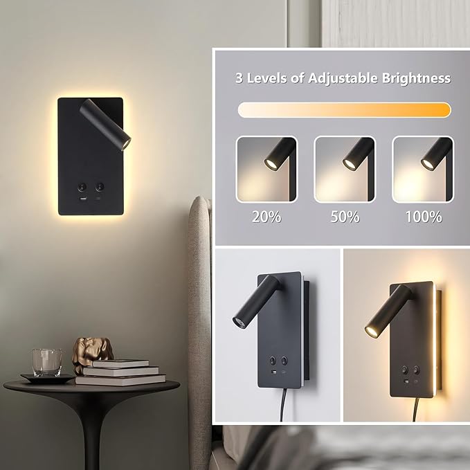 LED Reading Light Wall Mounted Lamp with 3 Brightness Dimmable & USB C+A Ports, Black Bedside Wall Lamps for Bedroom, Wall Sconce with Switch, Bed Lights for Headboard, Hotel, Bunk Bed, Dorm