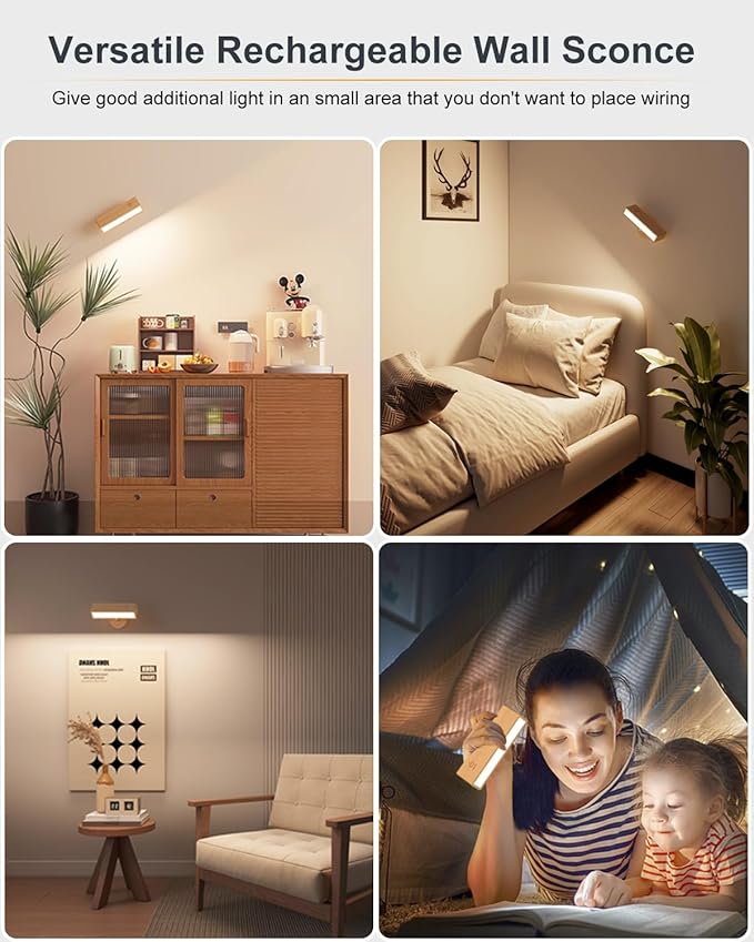 Battery Operated Wall Sconces Set of 2,Rechargeable Wall Lights Wood,Stick On Wall Lights for Bedroom,Wall Mounted Bedside Reading Lamps Dimmable,Battery Powered Wall Lamp for Bedroom