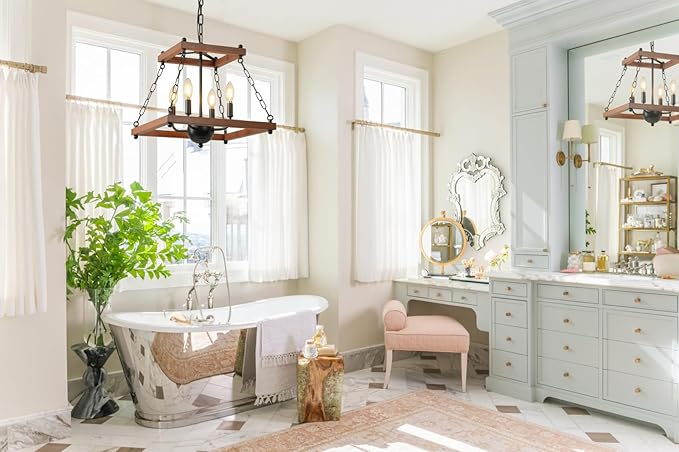 Farmhouse Walnut Chandelier with Chain,16 Inch Modern Geometric Rustic Vintage Hanging Pendant Ceiling Light Fixture for Dining Room Bedroom Kitchen Island Hallway Foyer Entryway