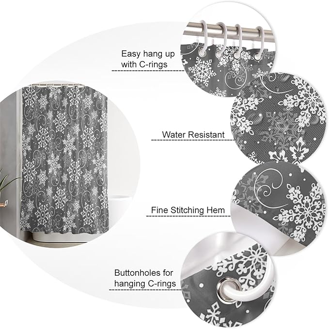Vandarllin Christmas Shower Curtain, Grey White Snowflakes Pattern Shower Curtains Set with Hooks, Winter Waterproof Fabric Bathroom Curtains Decor Home Accessories,72X 96 Inch Extra Long