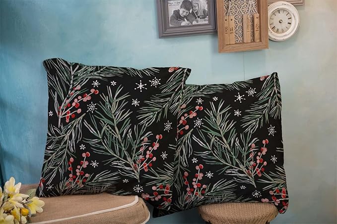 CAPSCEOLL 2PCS Black Branch Soft Throw Pillow Covers 16X16Inch Christmas Berries Black Botanical Green Branch Floral Forest Snowflakes pillowcovers for Bedroom Sofa Living Room Washable Pillow Covers