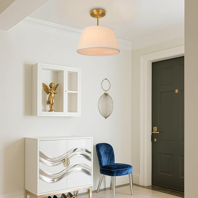Electro bp; 12.6”Dia White Pleated Fabric Drum Shade Ceiling Light Fixture Farmhouse Brocade Linen Cone Shape Close to Semi-Flush Mount,Polished Gold,2 Sockets,E26,120W;