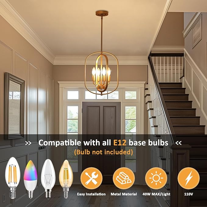 Gold Chandelier for Dining Room Light Fixture, 4 Light Entryway Light Fixture, Adjustable Modern Farmhouse Chandelier Foyer Lighting Fixtures Rustic Kitchen Chandelier for Entryway, Foyer, Living Room