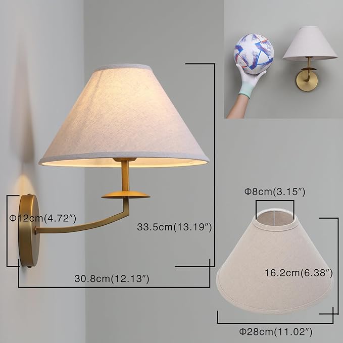 PERMO Vintage Wall Sconce Classic Sconces wiht Linen Fabric Shade Antique Gold Wall Sconces Hardwired Indoor Wall Lights for Living Room Bathroom Bedroom Hallway
