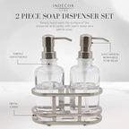 3 Piece Round Heavy Weight Glass Soap Lotion Pump Dispenser Set with Metal Caddy for Home Bath Kitchen Travel Office Hand Crafted Metal Tray Nickel