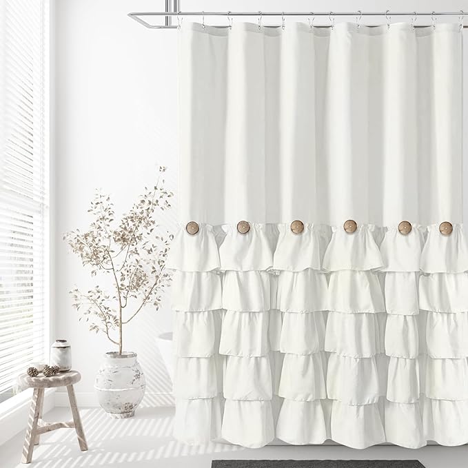 Seasonwood Ivory Shower Curtain Cute Ruffle Shabby Chic Button Design Country Style,72x72 inch
