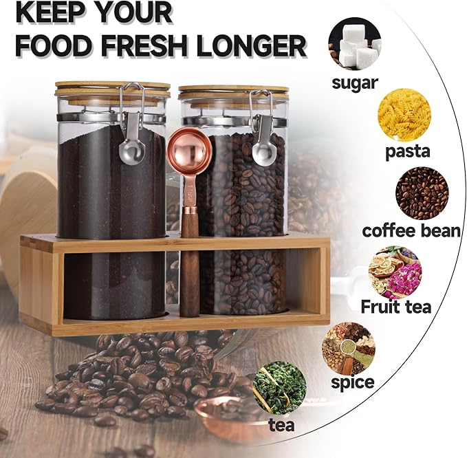 Glass Coffee Storage Container with Bamboo Shelf, 2PCS 49oz Airtight Sealed Coffee Bean Jar with Clamp Lid & Measuring Spoon, Kitchen Pantry Canister Set for Ground Coffee Sugar Tea Flour