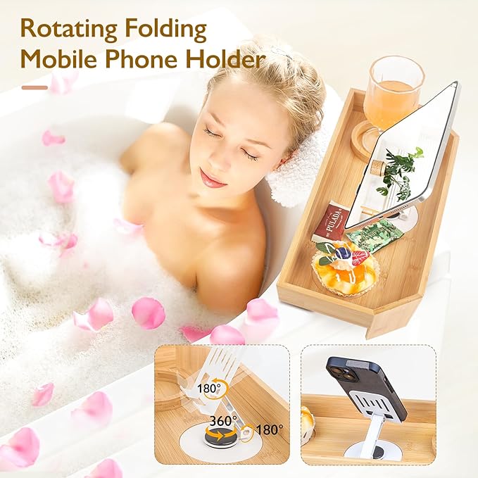 Bamboo Hot Tub Tray with Phone Slot Waterproof Bath Tub Tray Wood Non-Slip Side Table & Beverage Holder for Hot Tubs & Bathtubs for Drinks and Essentials Relaxation Caddy for Your Spa Time