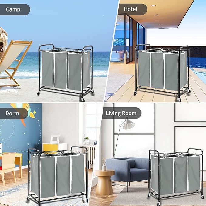 3 Bag Laundry Sorter Replacement Bags, Augot Large Hamper Cart Removable Replacement Bags with 6Pcs Hangers and Carry Handle, Laundry Organizer Storage Case 21"H×15"L×9"W