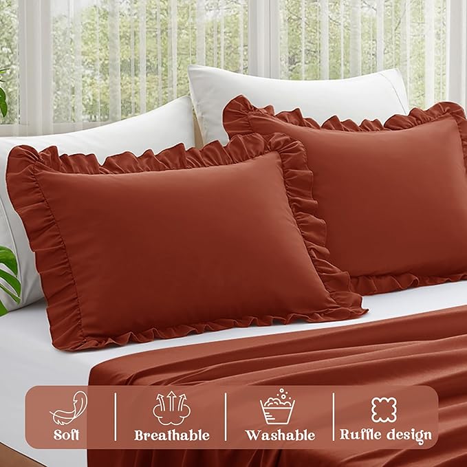 KKJIAF Ruffle Pillow Cases Queen Size Set of 2, Ruffled Pillow Covers with Envelope Closure, Wrinkle Resistant Ruffled Pillow Shams 20" x 30", Dusty Orange